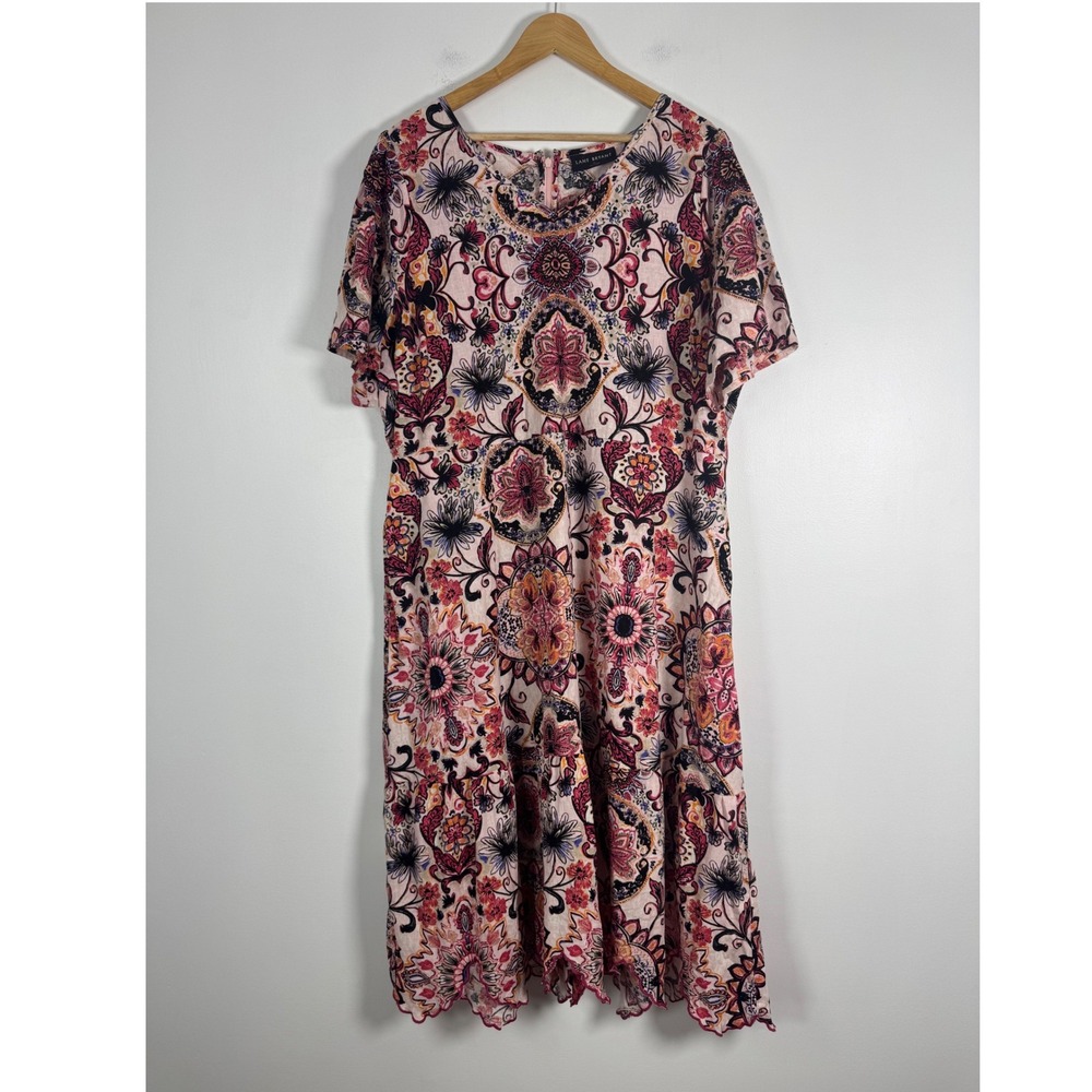 Boho‎ Lane Bryant Womens 20 Midi Dress Pink Medallion Linen Blend Flutter Sleeve